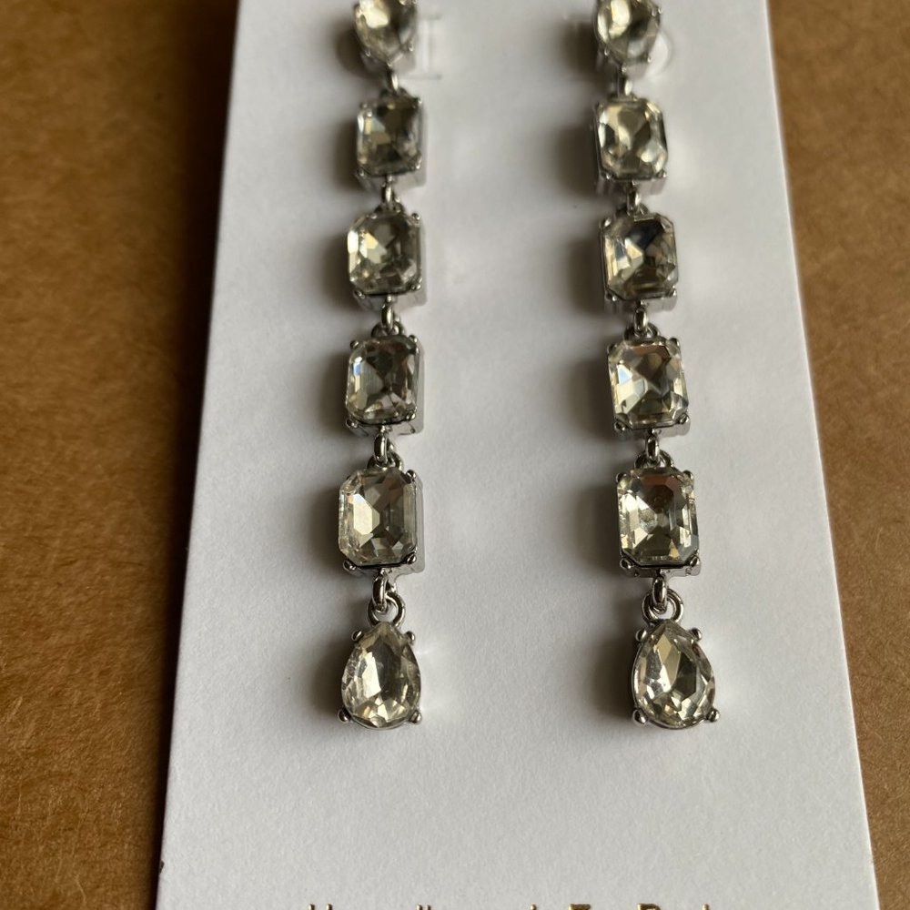 J Crew Factory Crystal Drop Earrings Clear Silver Dangle Statement New JCrew - Picture 4 of 5